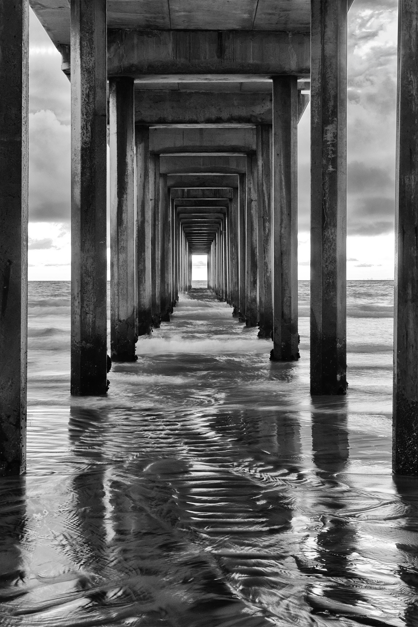"Infinite Passage" — Scripps Pier Black & White Ocean Print