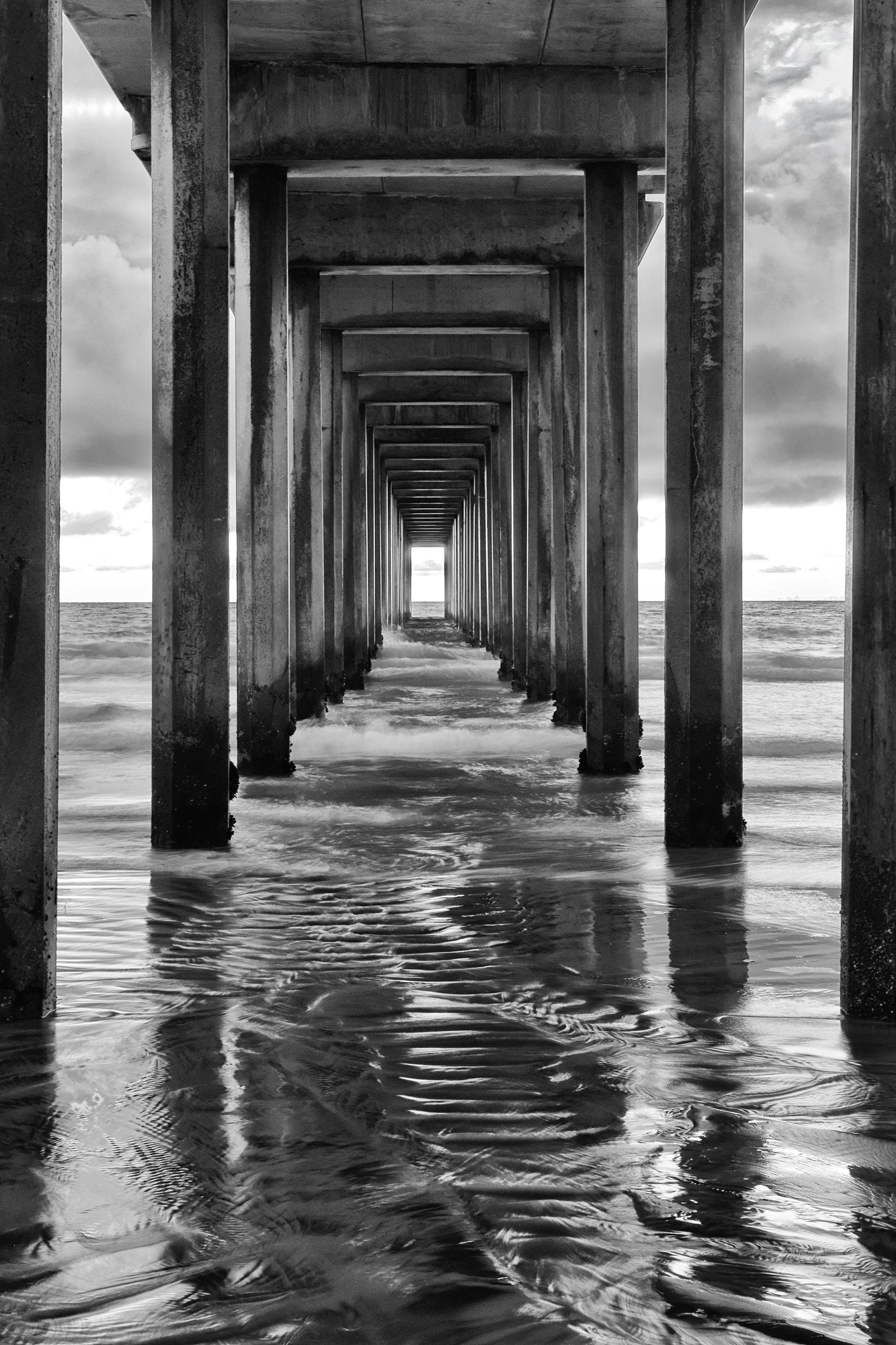 "Infinite Passage" — Scripps Pier Black & White Ocean Print
