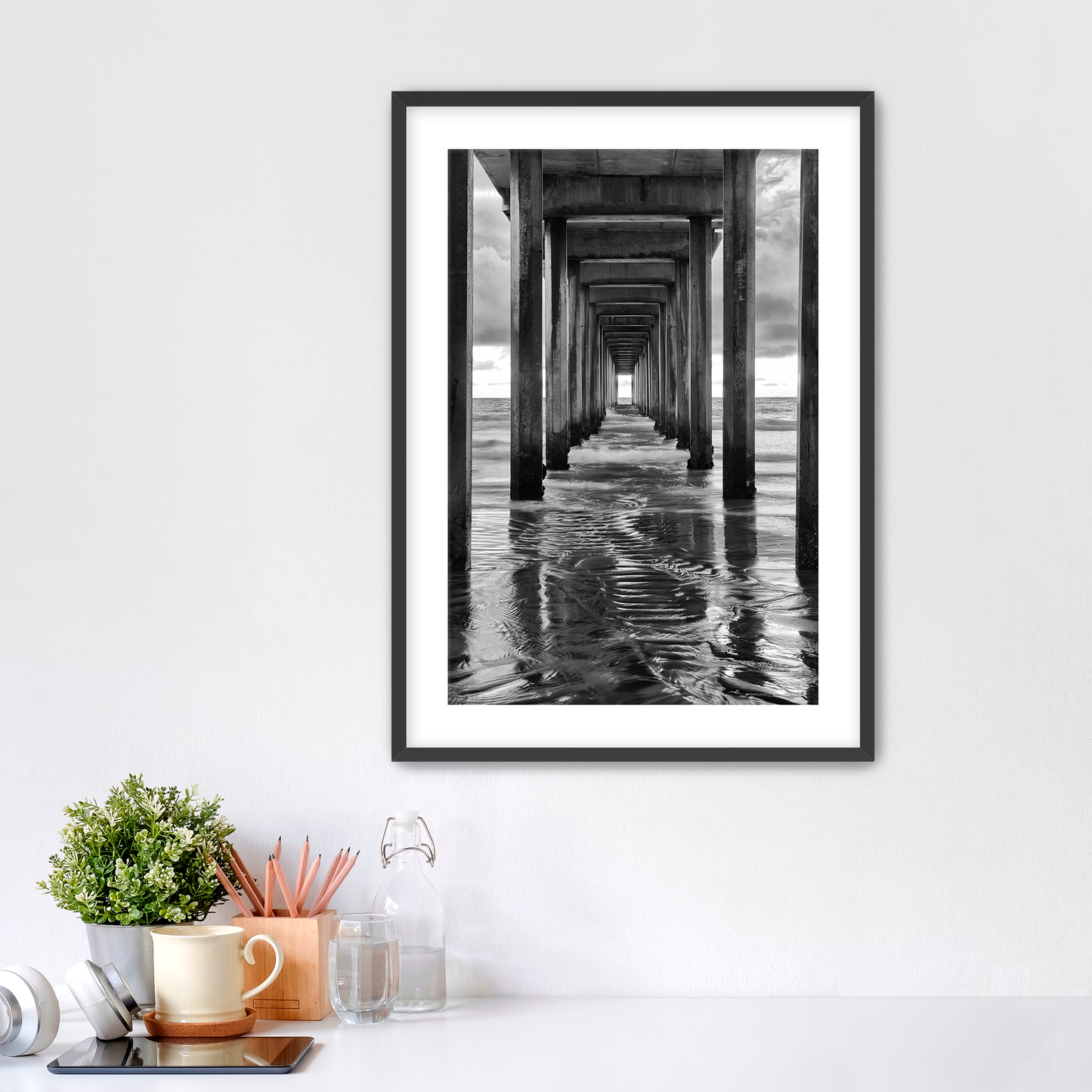 "Infinite Passage" — Scripps Pier Black & White Ocean Print