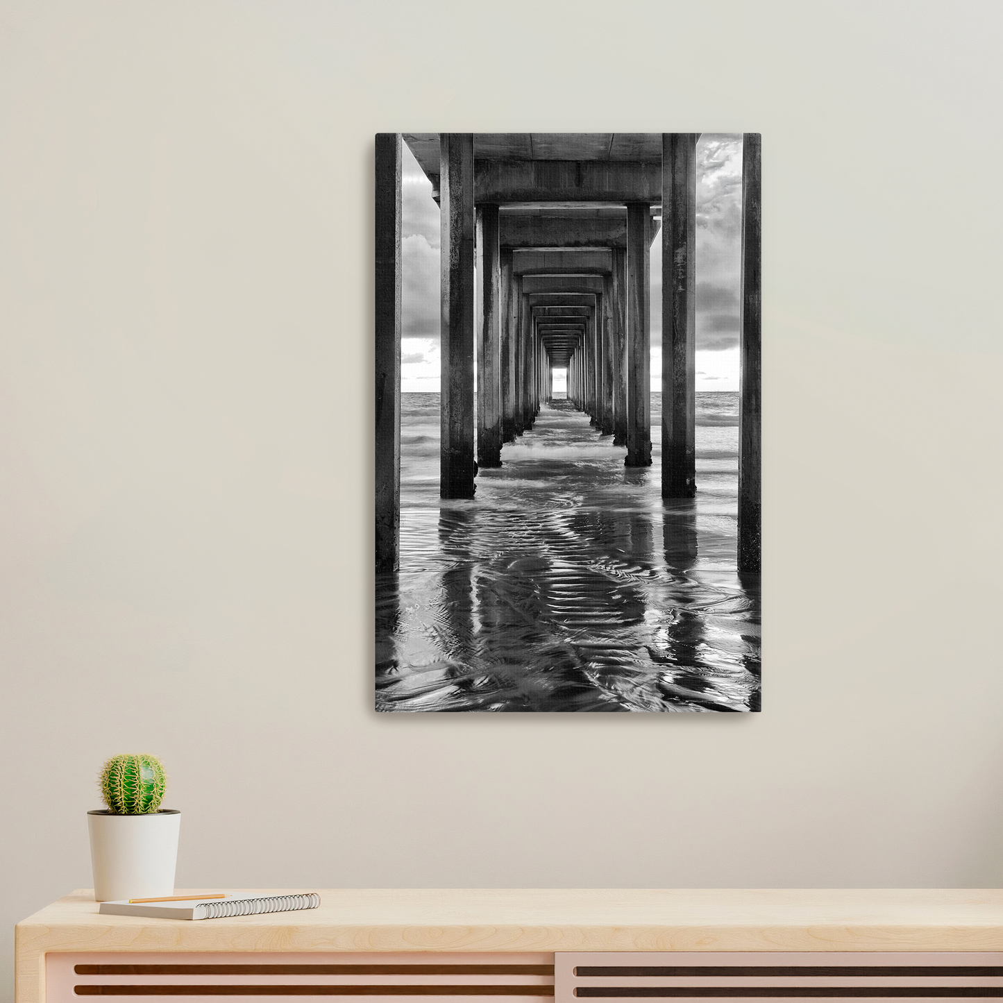 "Infinite Passage" — Scripps Pier Black & White Ocean Print
