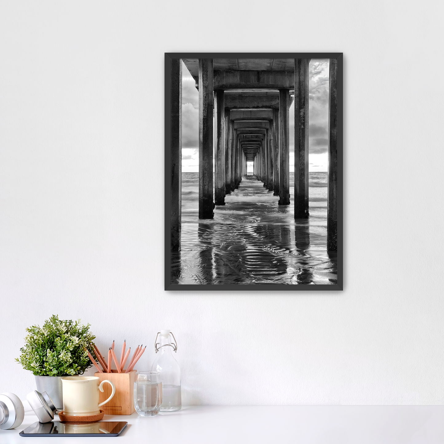 "Infinite Passage" — Scripps Pier Black & White Ocean Print