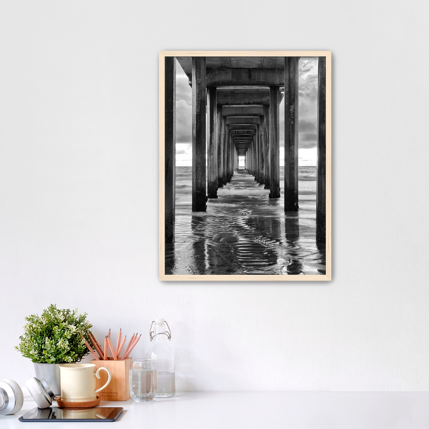 "Infinite Passage" — Scripps Pier Black & White Ocean Print