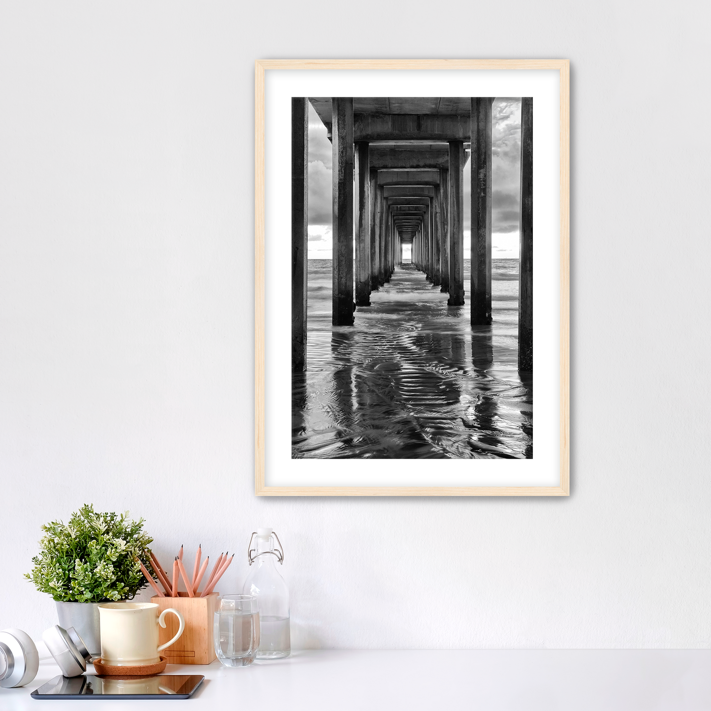 "Infinite Passage" — Scripps Pier Black & White Ocean Print