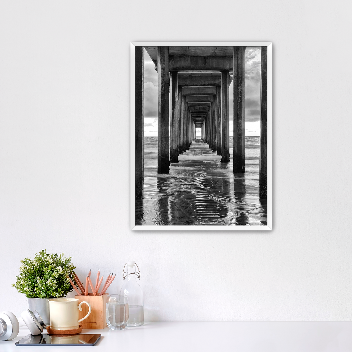 "Infinite Passage" — Scripps Pier Black & White Ocean Print