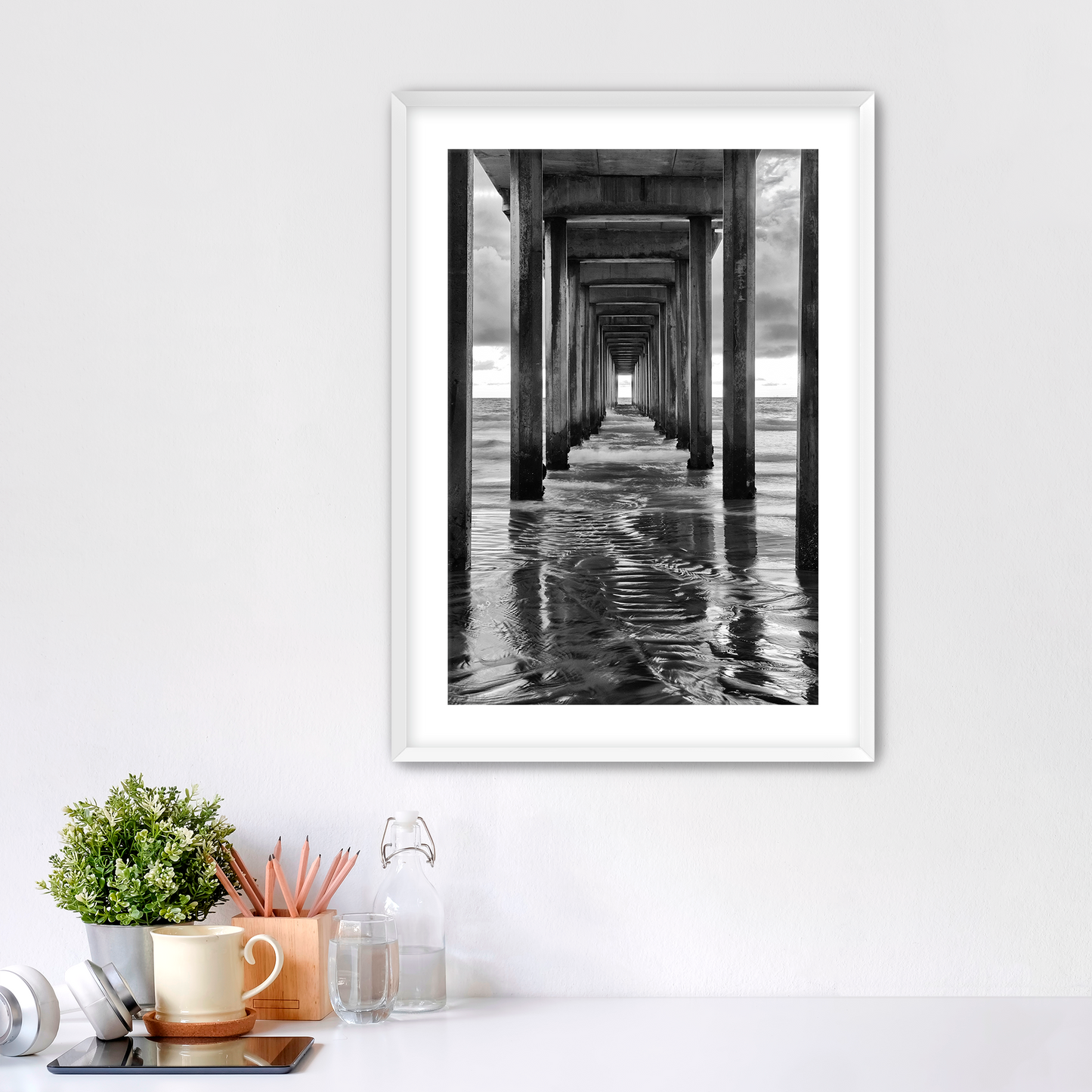"Infinite Passage" — Scripps Pier Black & White Ocean Print